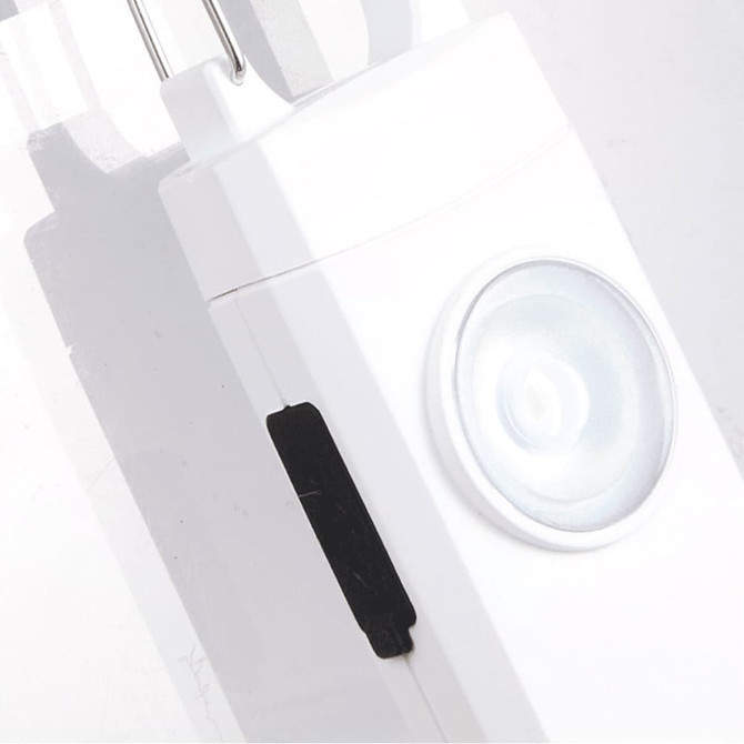 A white safety alarm keychain with a circular button and a small black switch. It has a branding logo.