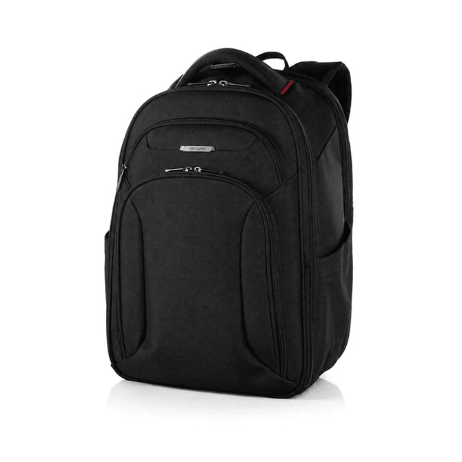 A black Samsonite Xenon 3.0 backpack featuring multiple compartments and a logo. Ideal for carrying personal belongings.