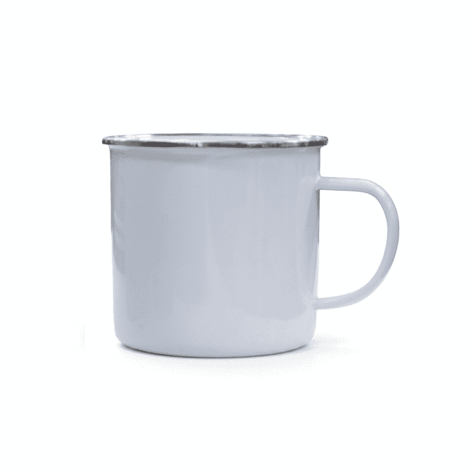 A drink bottle in white with a silver rim and a sturdy handle, featuring a logo.