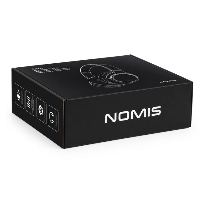 A black box containing Aero by Nomis headphones, featuring a logo and outlined headphone design on the packaging.