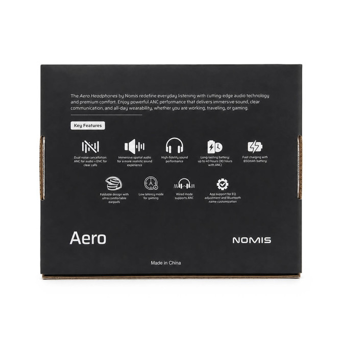 Aero by Nomis headphones in a sleek black design, featuring a box with branding and key features.