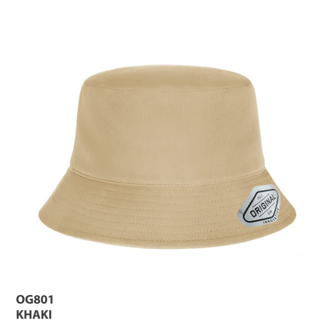 A khaki bucket hat featuring a round crown and wide brim, with an attached logo on the side.