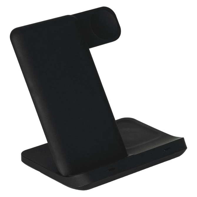 A black 3 in 1 wireless charger with a sleek standing design and a flat charging pad. It features a logo.