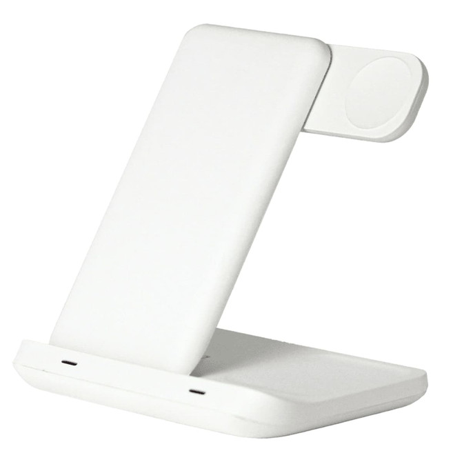 A white 3-in-1 wireless charger with a stand and an attachment for charging smart devices. It features a logo.