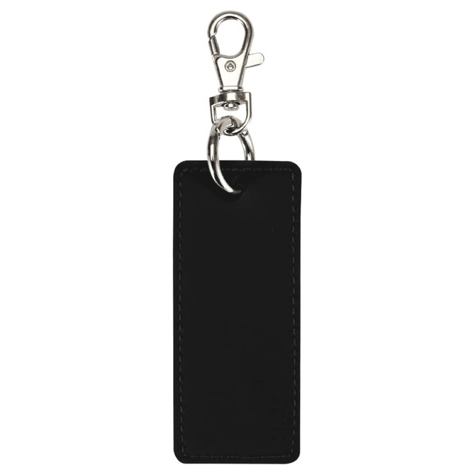 A black rectangle keychain with a metallic clip and ring, featuring a smooth finish and stitching details.