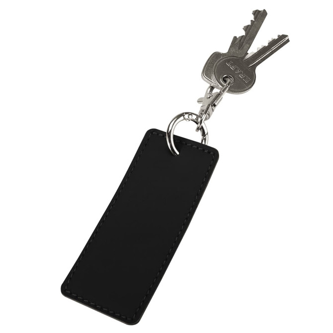 A black rectangular keychain attached to a key ring holding several keys. The keychain has a branding logo.