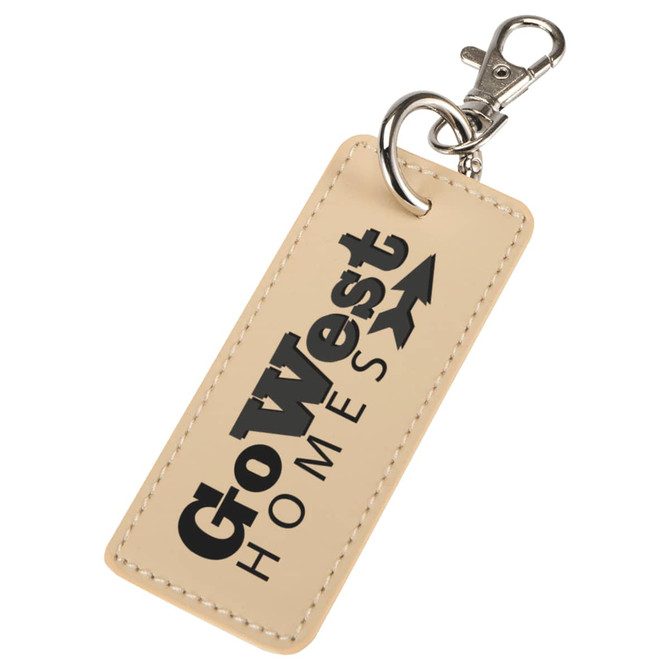 A beige rectangular keychain with a metal clip and a branding logo.