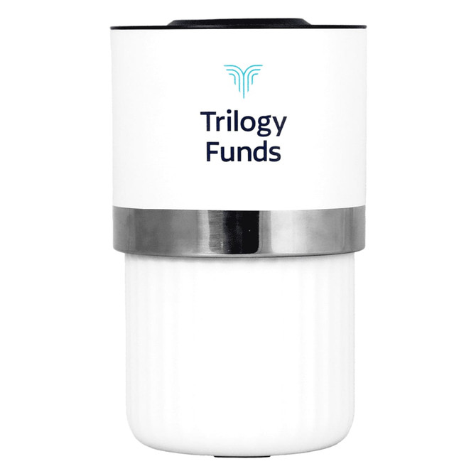 A drink bottle with a white exterior, silver band, and a logo. It features an insulated design for temperature retention.