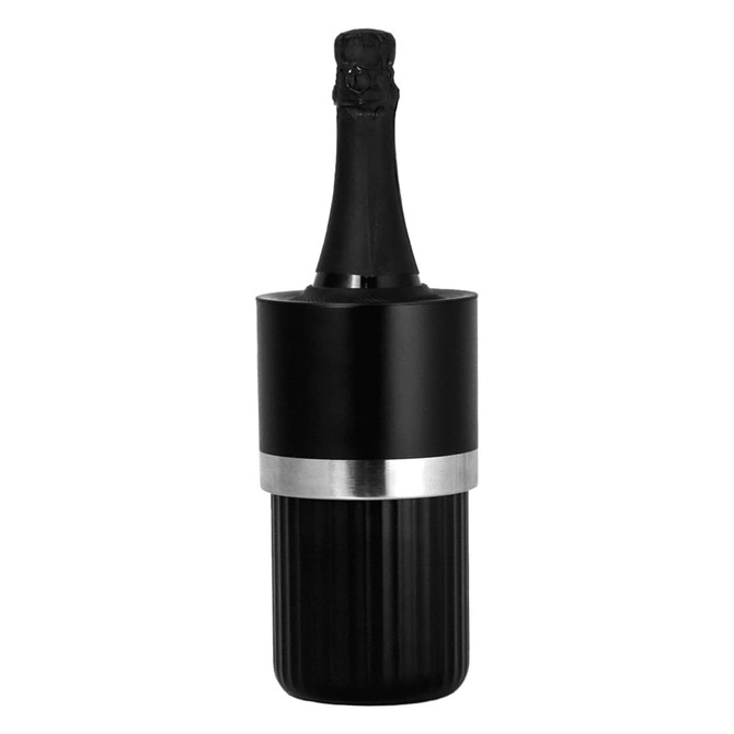 An insulated adjustable wine cooler in black and silver, designed to hold a wine bottle securely.