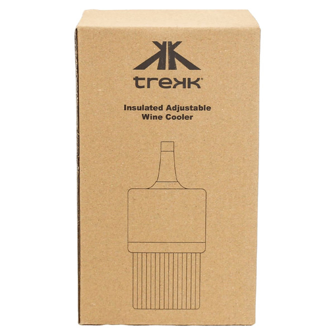 A rectangular cardboard box containing the Trekk Insulated Adjustable Wine Cooler with a logo on the front.
