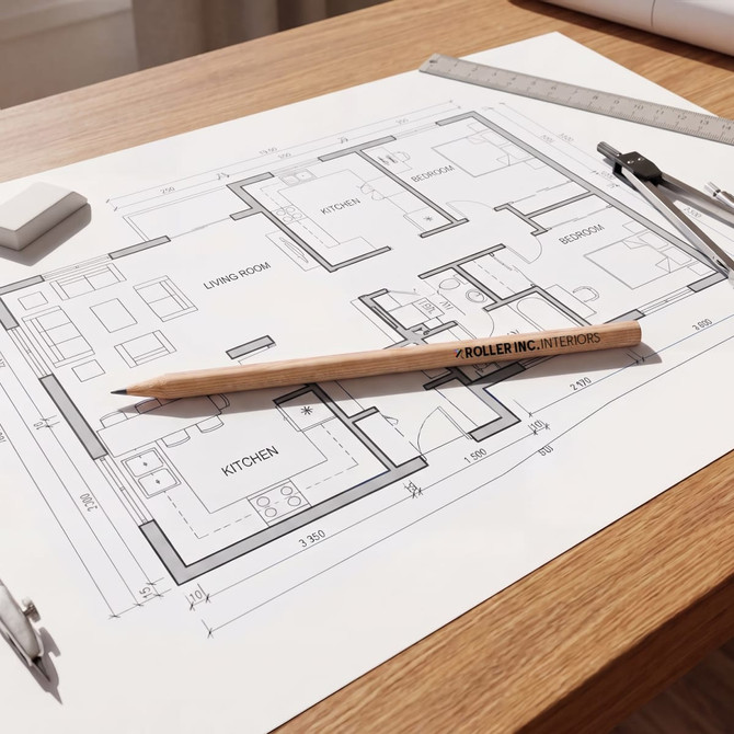 A round barrel graphite pencil in natural wood colour resting on a blueprint of a house layout on a wooden table.