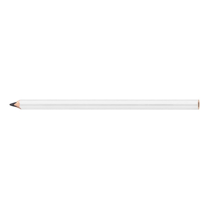 A carpenter's pencil in white with a sharpened graphite tip, featuring a simple design and a branding logo.