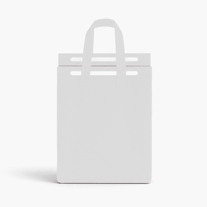 A white insulated reusable bag with two handles, featuring a simple design. It has a logo on the front.