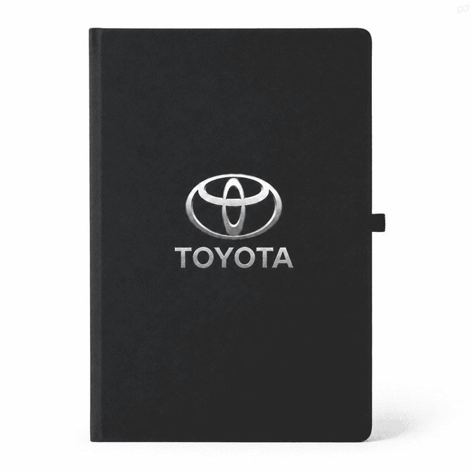 A black A5 notebook with a glossy logo on the front cover. It features a simple design and a secure closure.