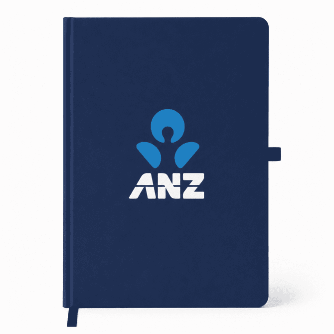 A navy A5 smart notebook with a logo on the cover and a matching ribbon bookmark.