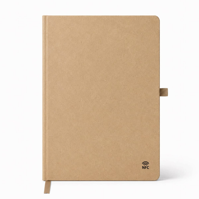 A beige A5 smart notebook with a textured cover and a logo on the bottom right corner.