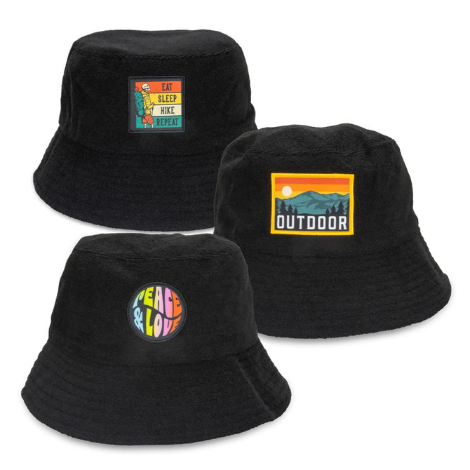 A black terry towelling bucket hat featuring three different full colour patches and a logo.