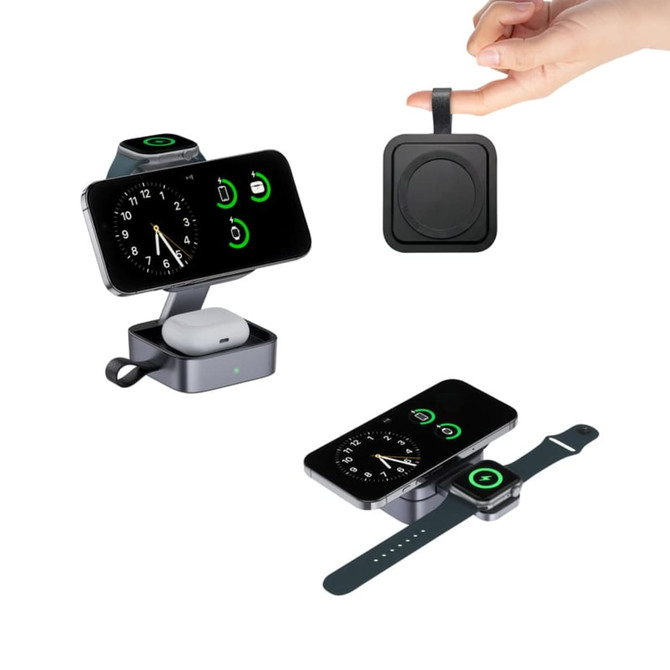 A 15W magnetic wireless charging station in black, displaying a phone, AirPods, and a watch in a compact design.