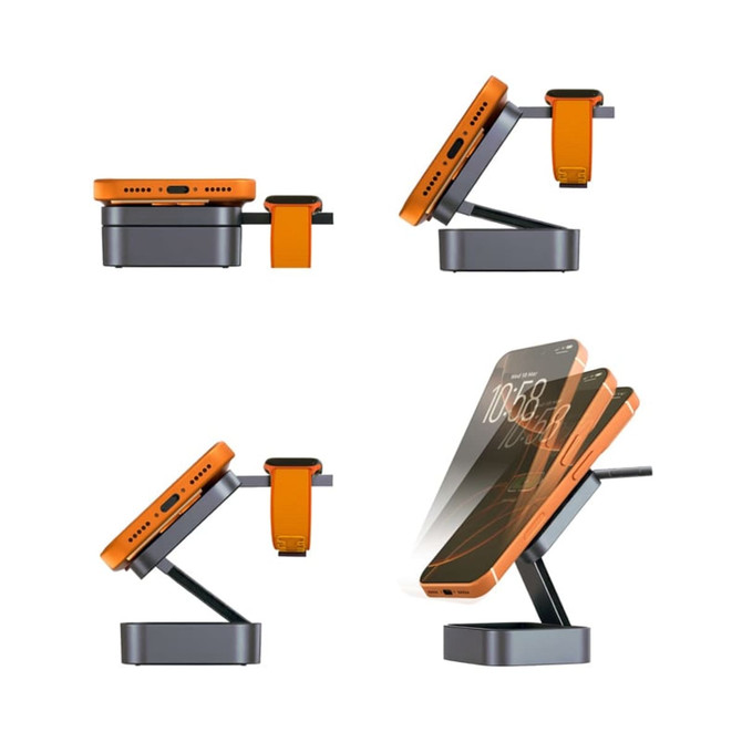 A 15W magnetic wireless charging station in orange and black, with adjustable stand and space for a smartwatch.