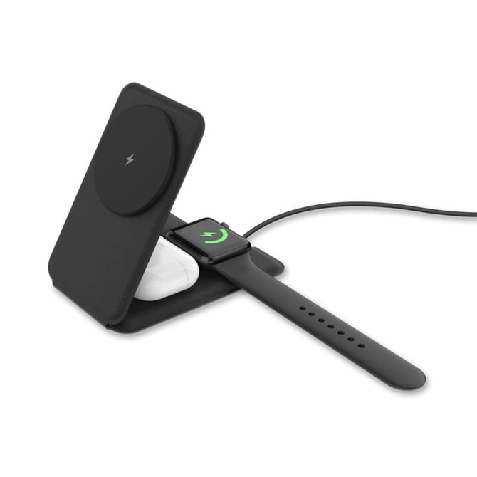 A black foldable 3-in-1 magnetic wireless charger with a spot for a phone, AirPods, and an Apple Watch.