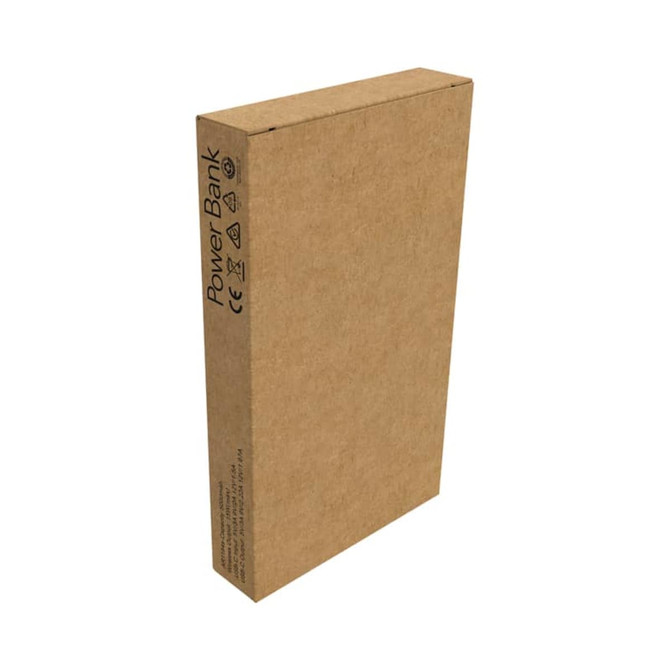 A rectangular, brown cardboard box containing a power bank with a logo and safety information printed on the side.
