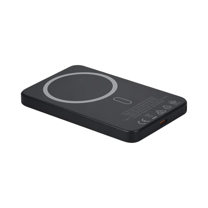 A black MagSafe wireless power bank with a semi-solid state design and a circular charging area on top.