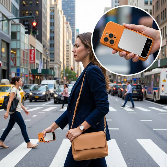 A woman in a navy suit walks across a city street, holding an orange MagSafe power bank and smartphone.