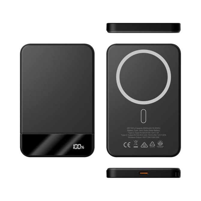 A sleek black MagSafe wireless power bank with a 5000 mAh capacity and a circular charging pad design.
