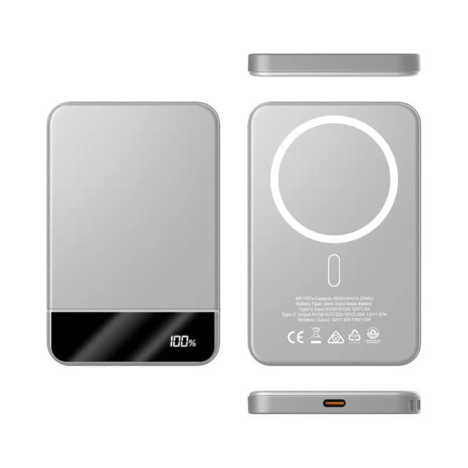 A silver MagSafe wireless power bank with a circular charging pad and a battery indicator on the front.