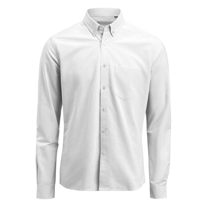 A white men's Oxford shirt with a button-down collar and a single chest pocket, featuring a brand logo.
