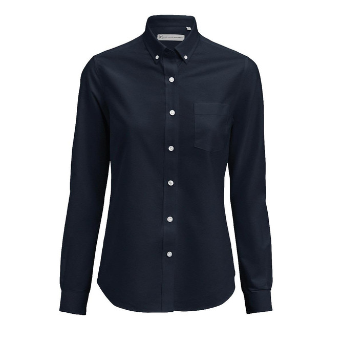 A navy blue women's oxford shirt featuring a button-down collar and a chest pocket. It has long sleeves and a logo.