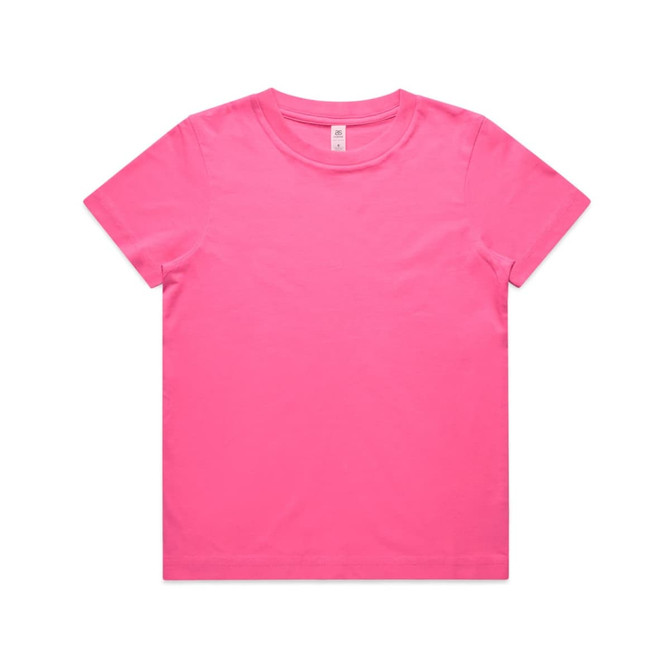 A bright pink kids' T-shirt with a round neck and short sleeves, featuring a logo on the label.