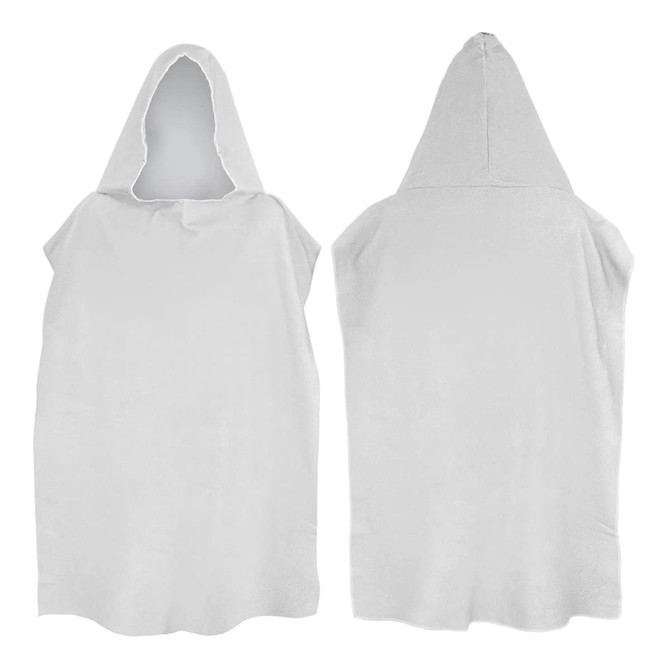 A white adult hooded towel with a front and back view, featuring a large hood. It has a simple design.
