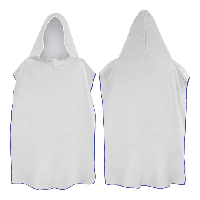 A white adult hooded towel with blue trim, featuring a large hood and a poncho-style design. It has branding on it.