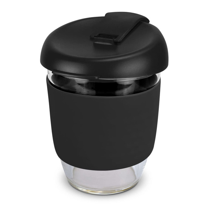 A drink bottle in black borosilicate glass with a matching lid and silicone sleeve for grip. Features a logo.