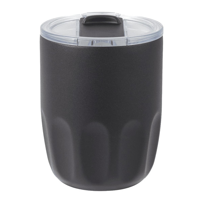 A drink bottle in matte black with a clear lid and a textured base, featuring a logo.