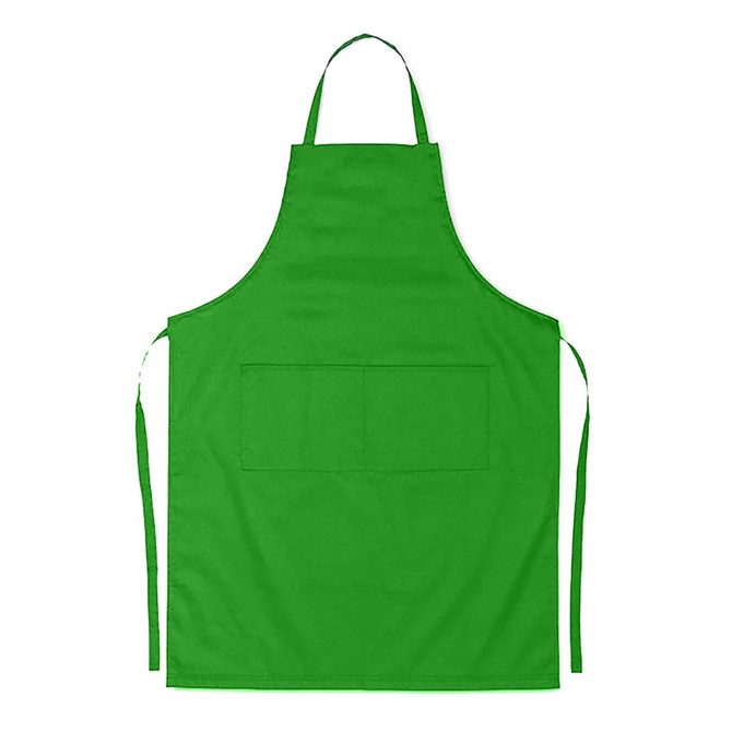 A bright green junior cotton apron for ages 8-12, featuring a front pocket and adjustable ties.