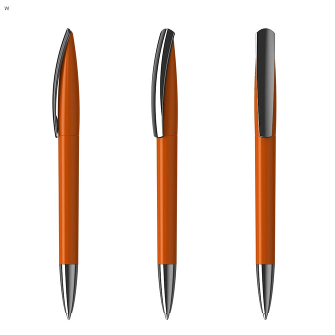 An orange plastic pen with a chrome clip, shown from multiple angles. It features a smooth, sleek design.