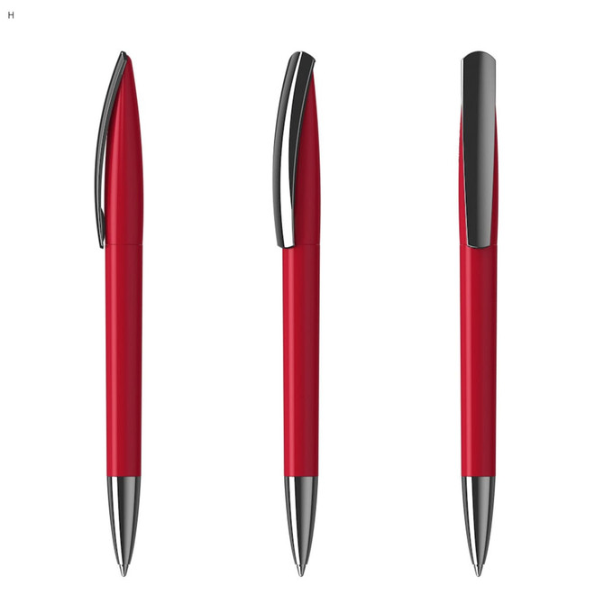 A set of three red plastic pens with chrome accents and a sleek design, featuring a branding logo.