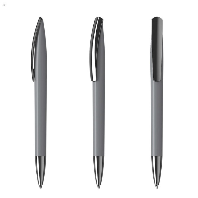 A set of grey plastic pens with a shiny silver clip and tip. The pens have a sleek and modern design.