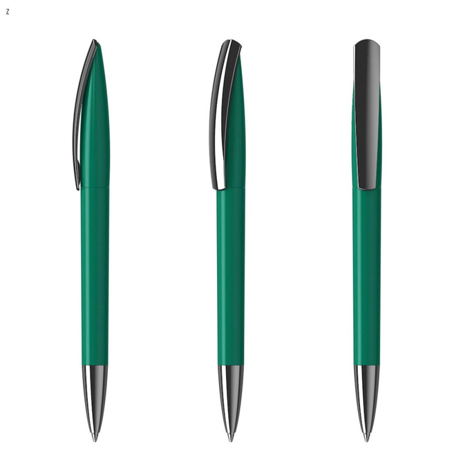 A green plastic pen with a silver clip, displayed from three angles. Features a sleek design.