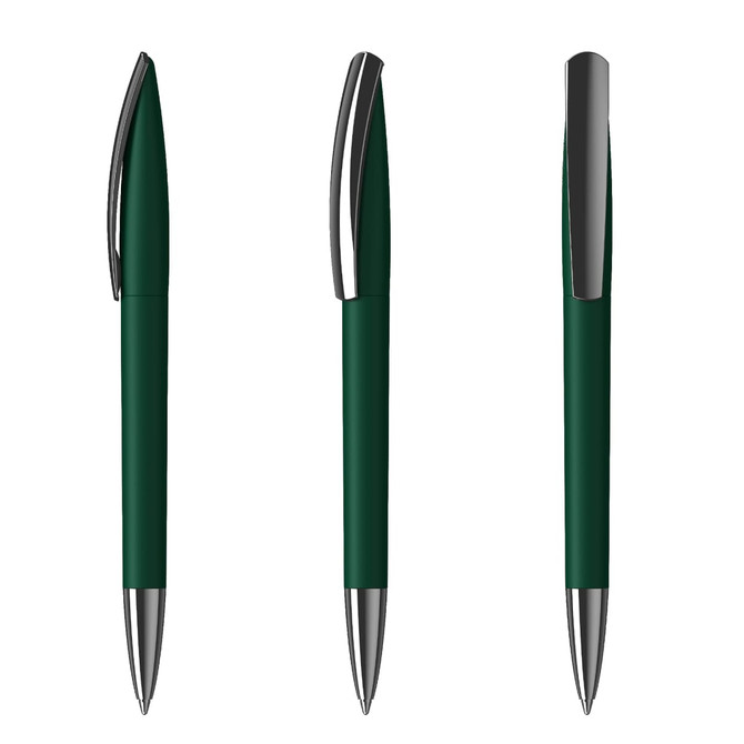 A green plastic pen with a sleek design and chrome accents, featuring a logo.