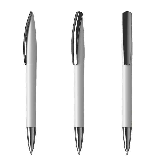 A white plastic pen with chrome accents displayed from three angles. It has a sleek design and a branded logo.