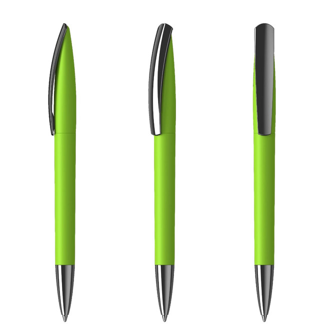 A set of green plastic pens with silver accents, showcasing different angles and a logo.