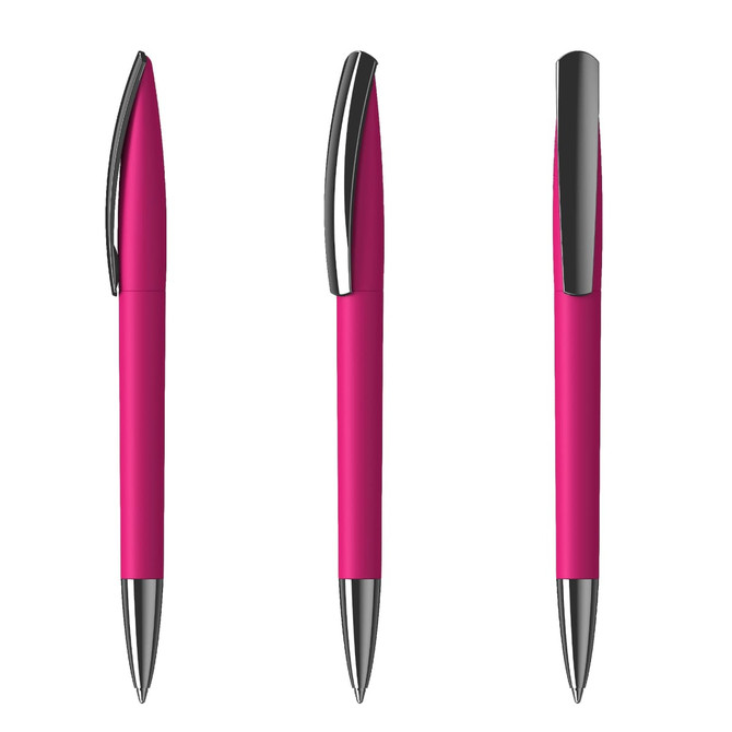 Three views of a pink plastic pen with a shiny silver clip and tip, featuring a sleek design.
