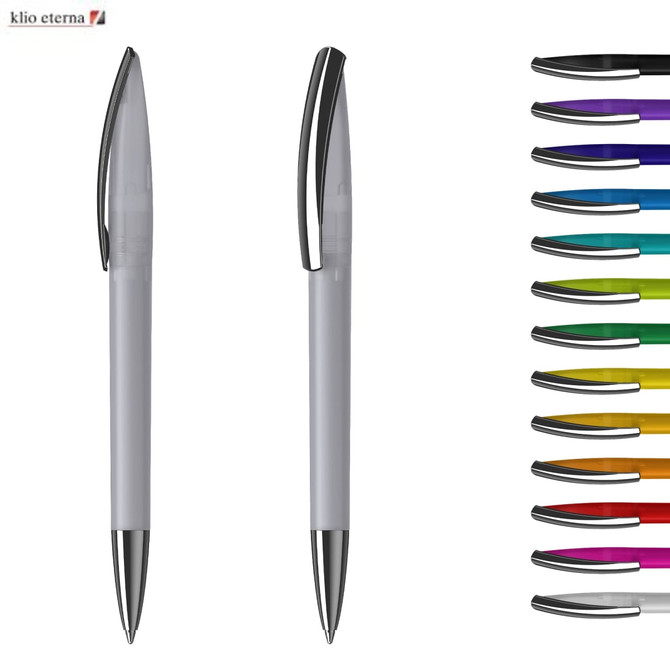 A grey plastic pen with a silver clip, displayed alongside various ink colours in a row on the right.
