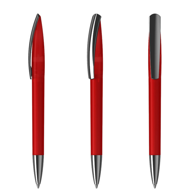 A set of three red plastic pens featuring a shiny chrome clip and accents. Each pen has a sleek, modern design.