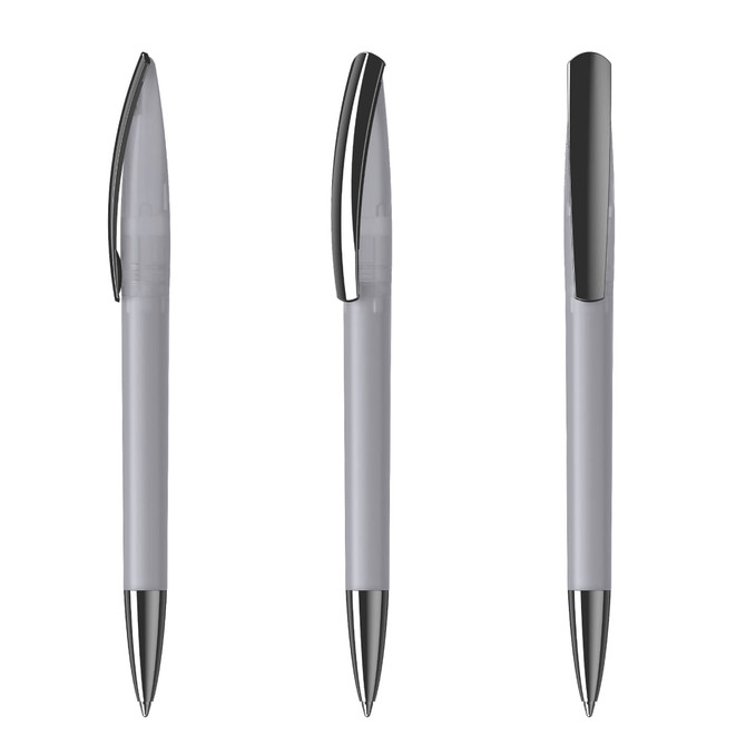 A plastic pen in light grey with black accents, featuring a sleek design and a clip. It has a branding logo.