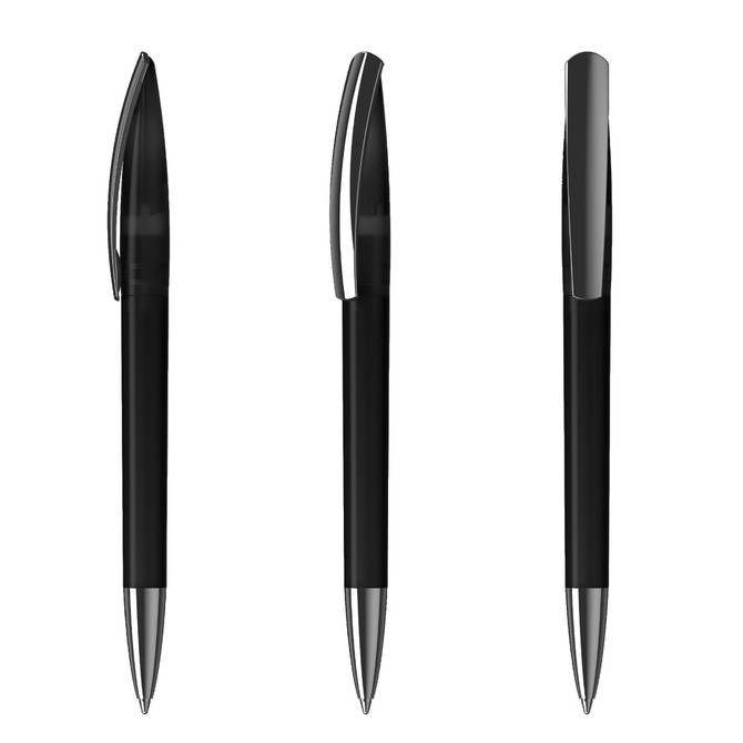 A collection of black plastic pens with metal accents, including a clip and polished tip. The pens are shown from multiple angles.