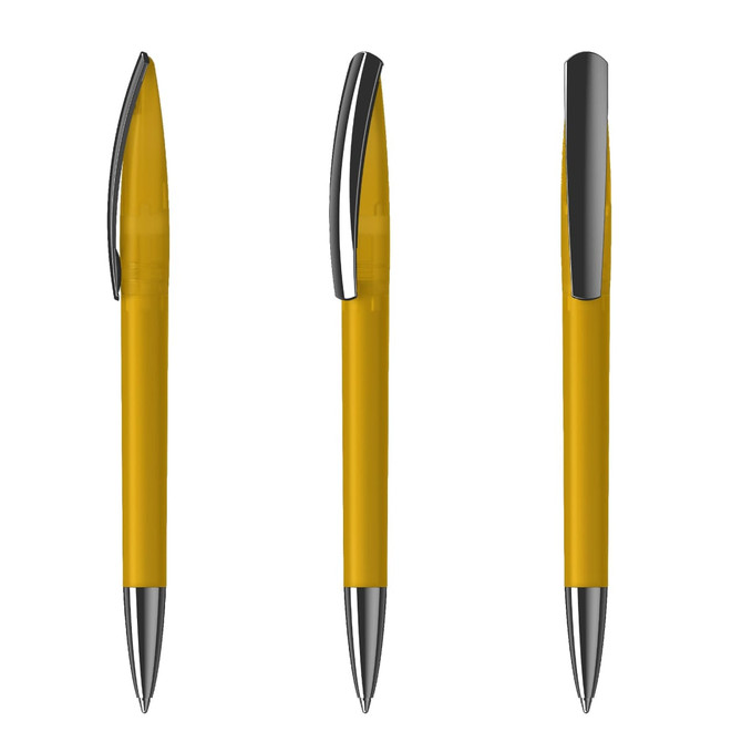 A yellow plastic pen featuring chrome accents, displayed from multiple angles. The pen includes a clip and a logo.
